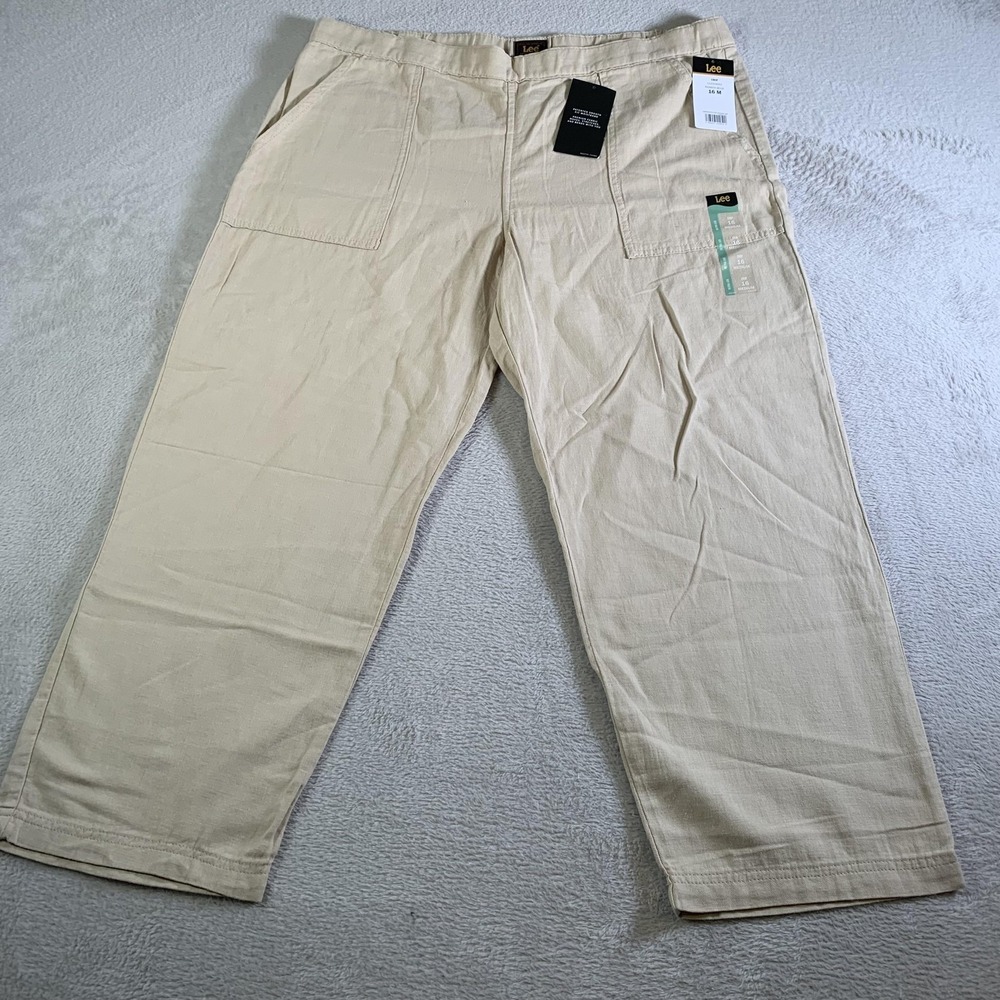Lee Pants Womens 16 Pioneer Beige Crop Linen Cotton Straight Leg Pull On NEW